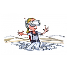 hiker in water with a VR headset
