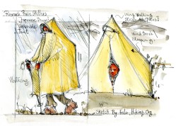 Research drawing of a poncho that can be used as a tent