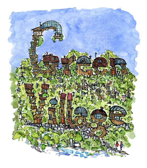 drawing of a green village in letters