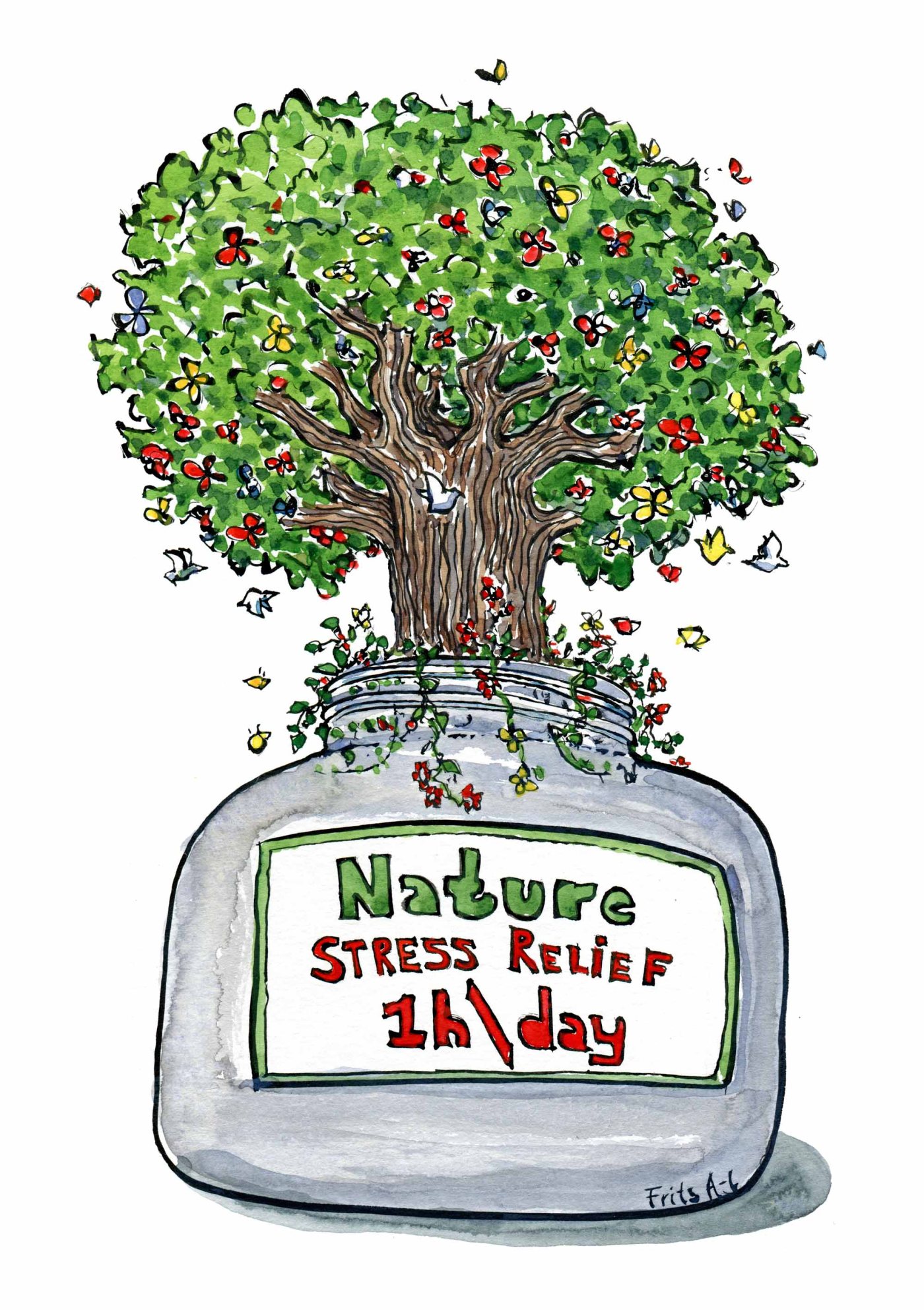 Drawing of a tree in a medicine jar, with the text 1h / day