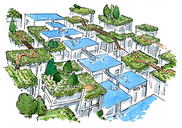 Drawing of a nature architecture cityscape, with design from boxes