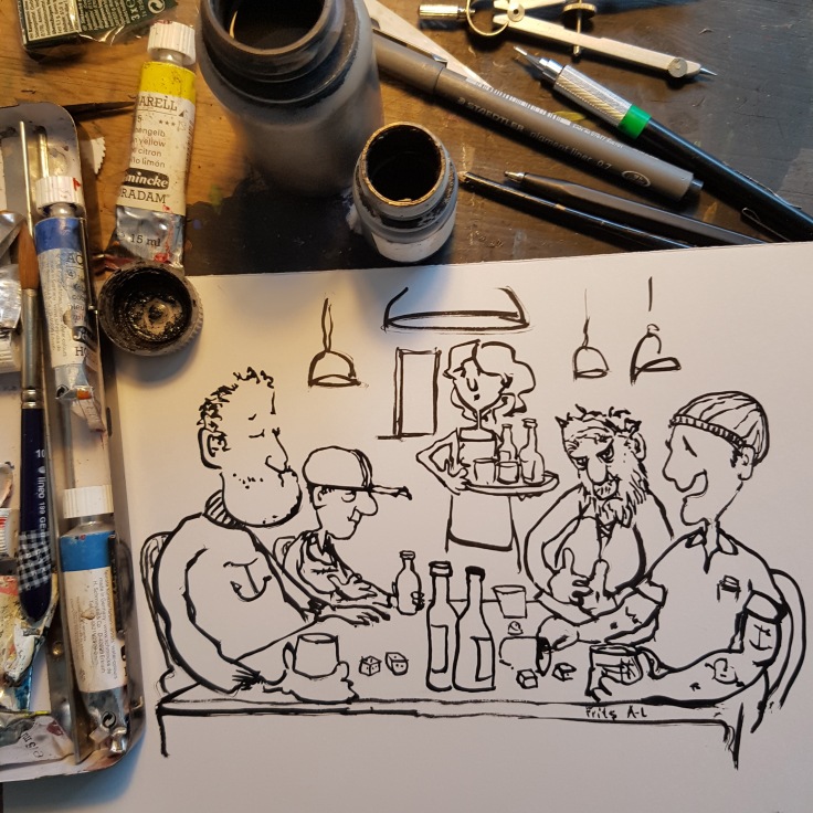 Ink drawing of sailors in an old pub