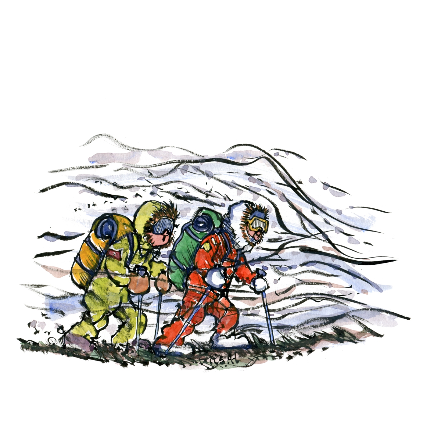 Drawing of two expedition hikers, in extreme weather