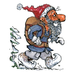 Drawing of a elf hiking, with a backpack in winter time.