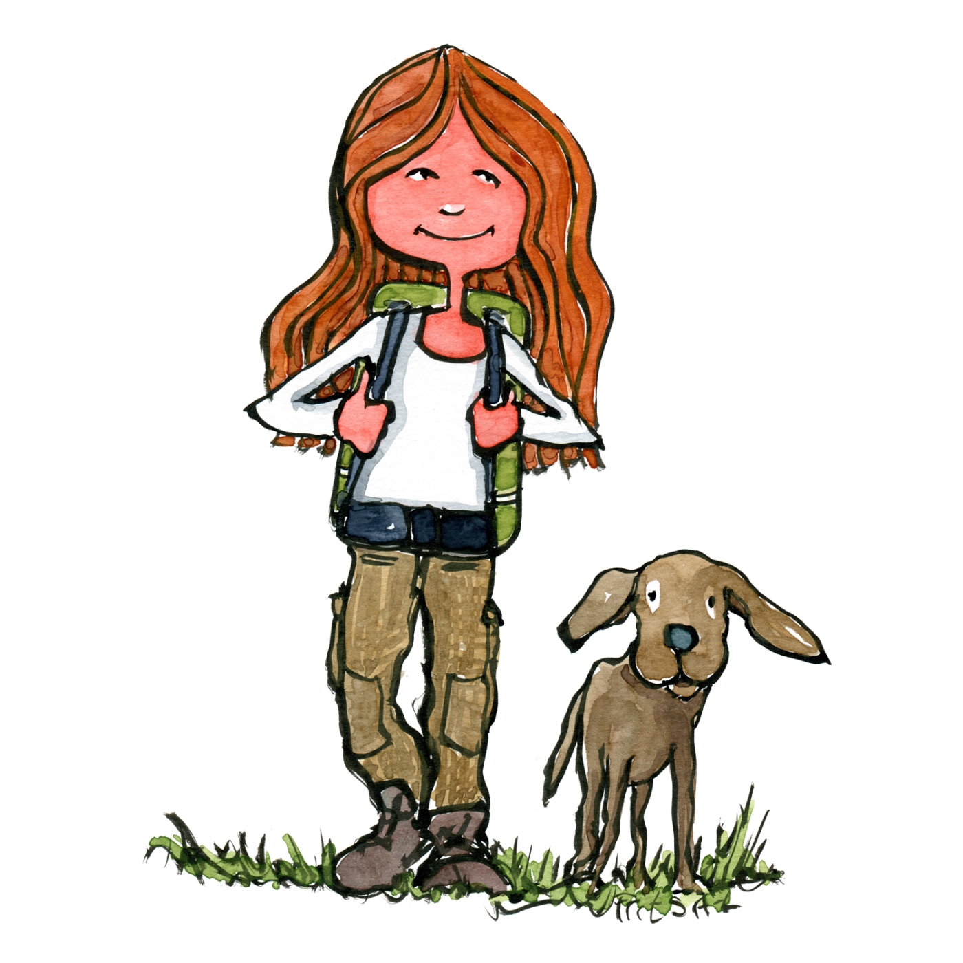hikertypes - dog hiker illustration, girl with backpack walking with a dog