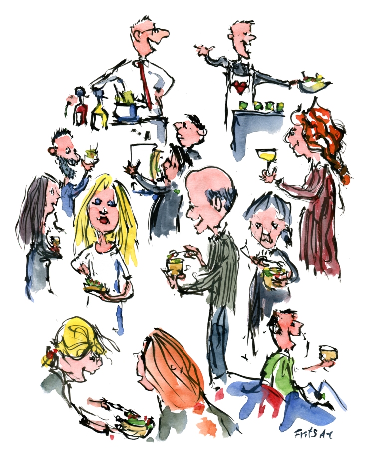 drawing of people celebrating food together