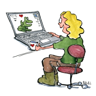 Woman looking at computer with frog and hearts on it