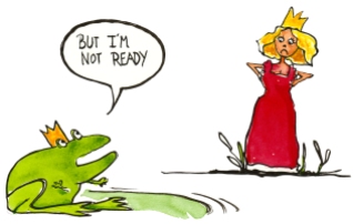 Princess looking at a prince frog that say I'm not ready"