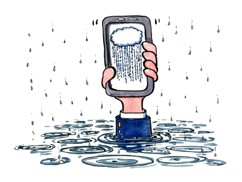 Businessman hand sticking out of the water holding a smartphone with a cloud on it