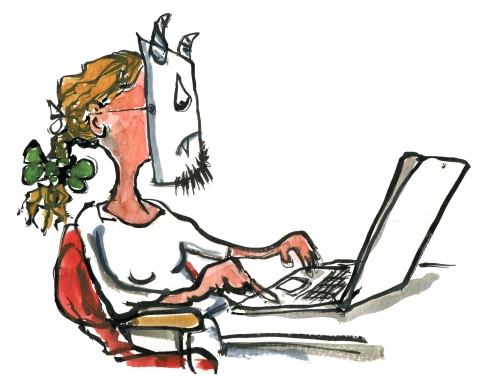 woman in front of a computer laptop, with a troll mask on