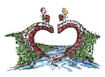 Two people standing on top a heart shaped bridge building it