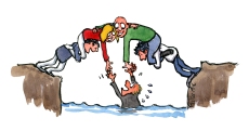 Group of people becoming a bridge helping a man in the water