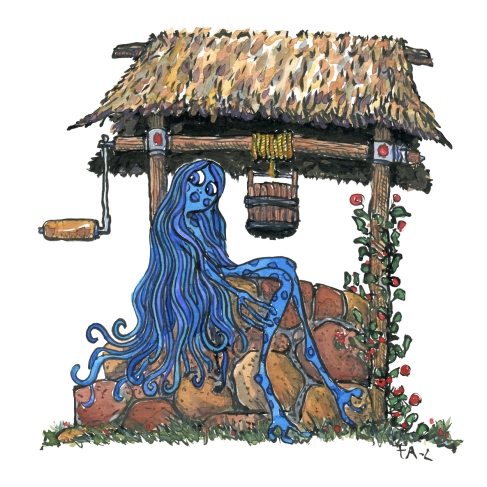 Drawing of a blue fairy creature sitting on the site of a well, illustration by Frits Ahlefeldt