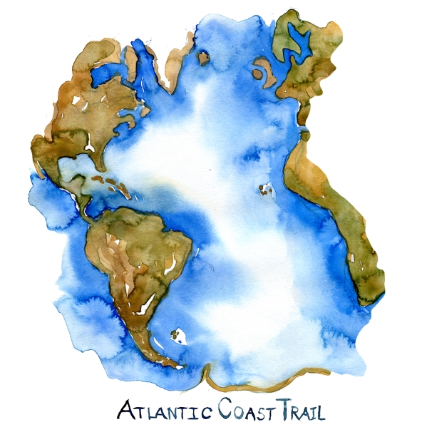 Drawn map of the Atlantic Sea with the Atlantic Coast trail written on it