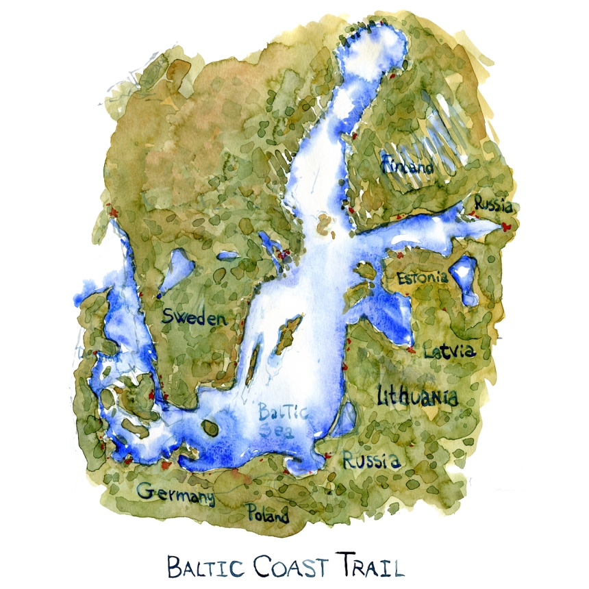 map of the baltic sea illustration by Frits Ahlefeldt, Text on the map Baltic Coast Trail