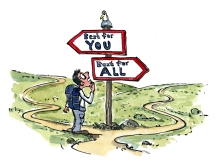 Drawing of a hiker between two signs saying the best for you and the best for all