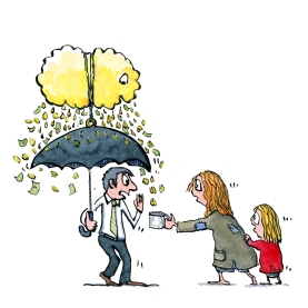 Drawing of a businessman with a tied up golden cloud over his umbrella, raining down money, dripping out to the poor
