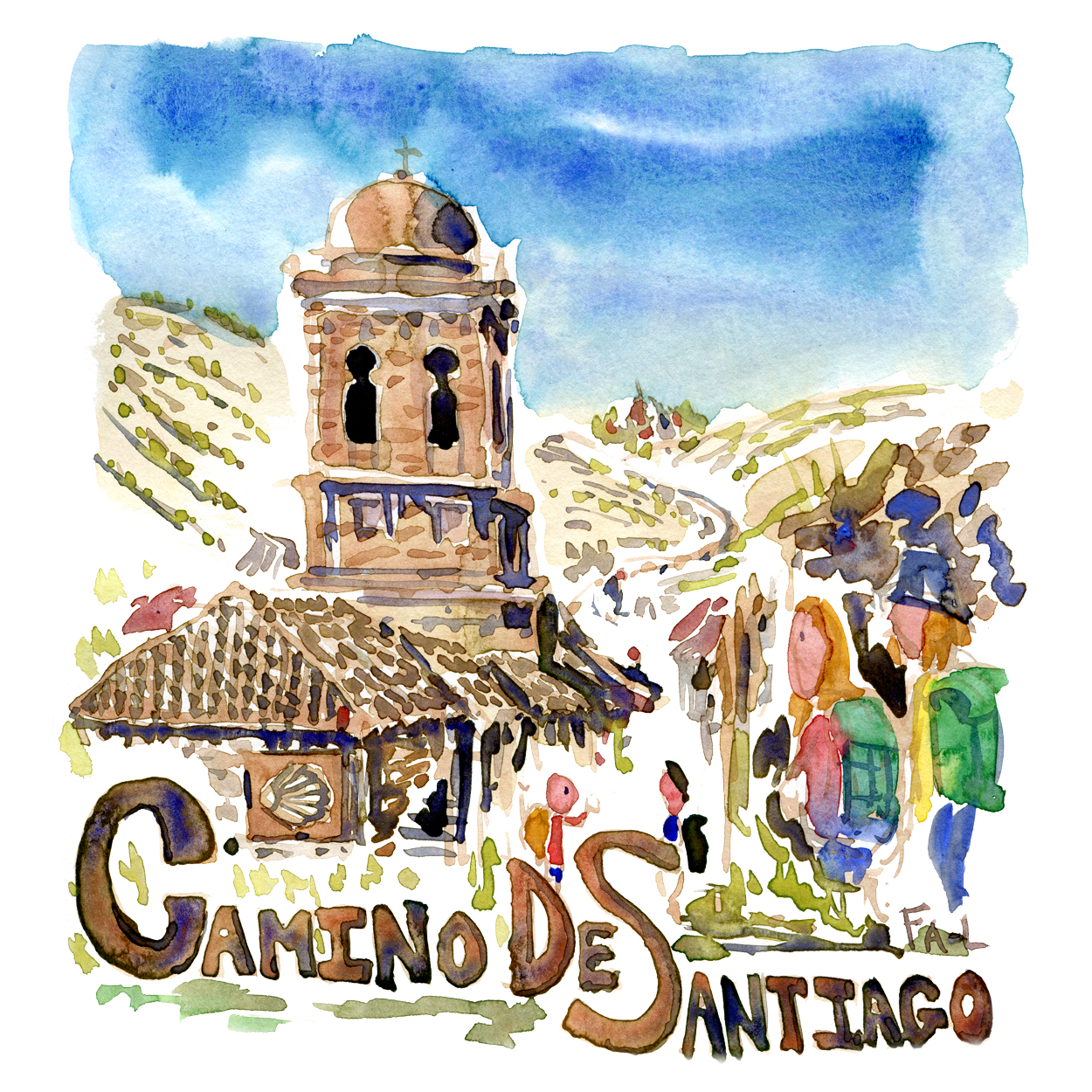 Watercolor of the Camino De Santiago pilgrimage trail, painting by Frits Ahlefeldt