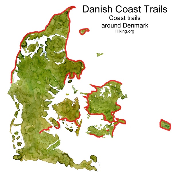 Drawing of the coastal paths and coast trails in Denmark. Watercolor by Frits Ahlefeldt
