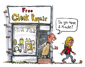 clock repair shop man asking hiker "do you have a minute" illustration by Frits Ahlefeldt