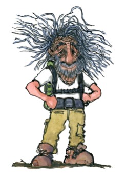 Illustration of an old weather beaten hiker. Portrait by Frits Ahlefeldt