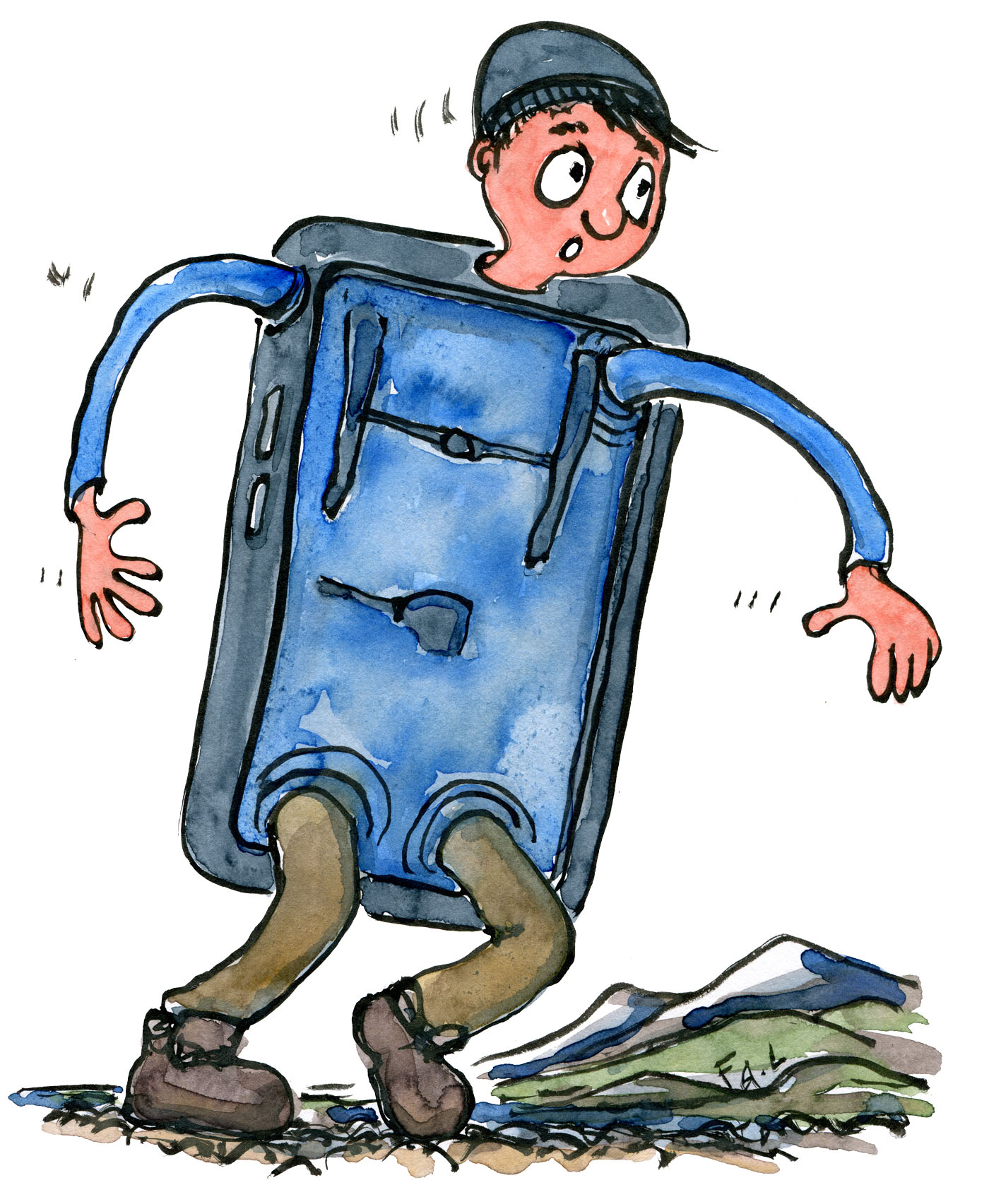illustration by Frits Ahlefeldt of a hiker that is half evolved into a phone. drawing by Frits Ahlefeldt