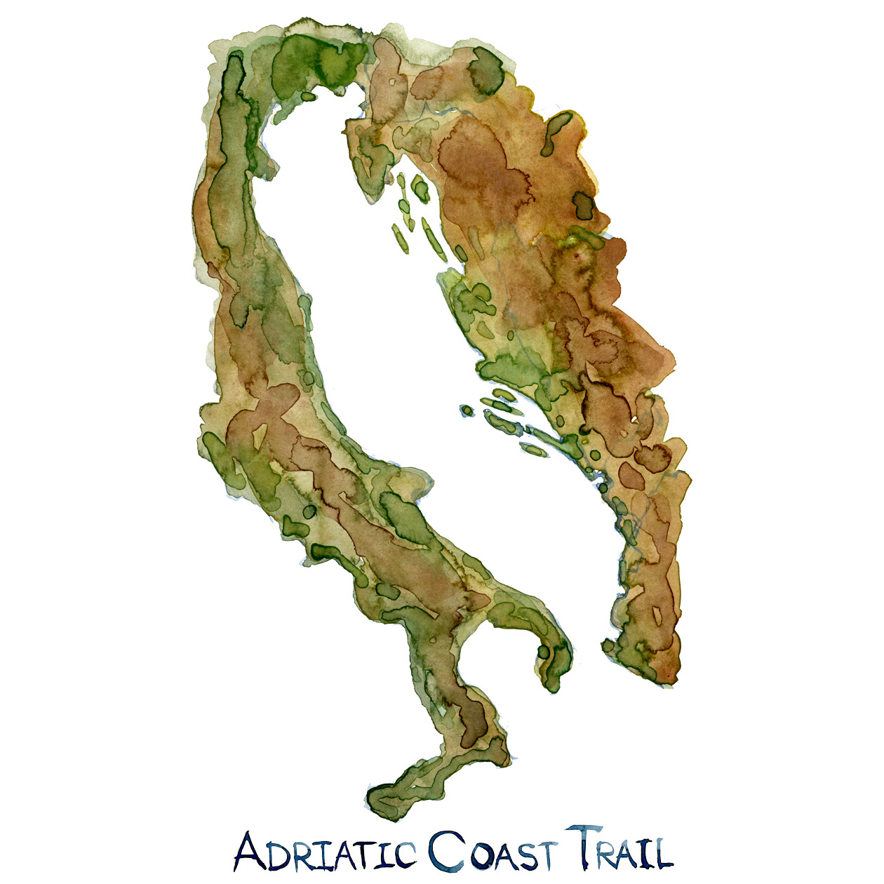 Watercolor of the Coastline around the Adriatic Sea. with the Adriatic Coast Trail Written on it