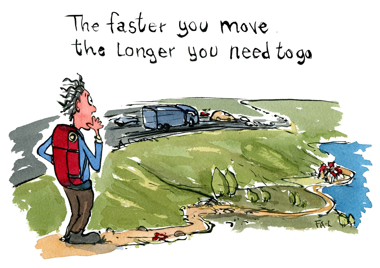 Hiker wondering "the faster you move the longer you need to go" drawing and thought by Frits Ahlefeldt