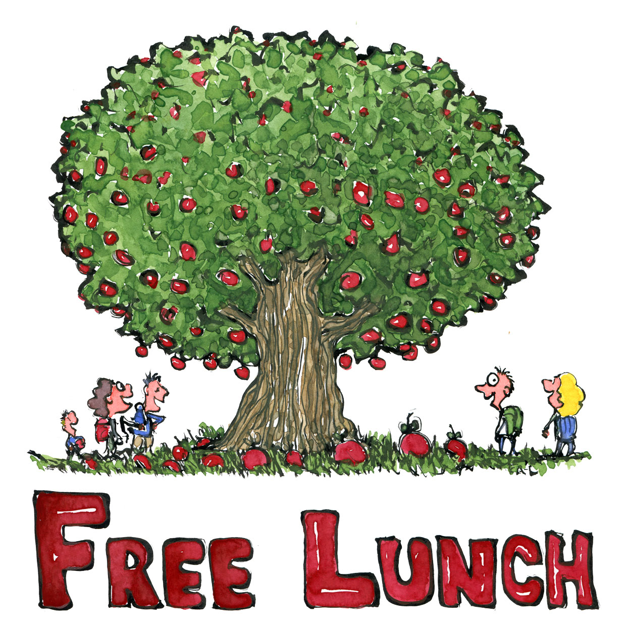 Free lunch - wild apple tree with apples in nature with smiling hikers and the text free lunch