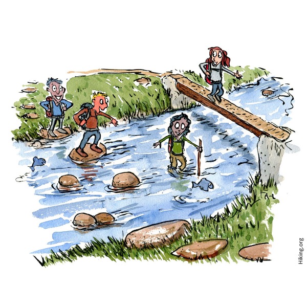 Group of people crossing a river with different strategies and places. Illustration by Frits Ahlefeldt