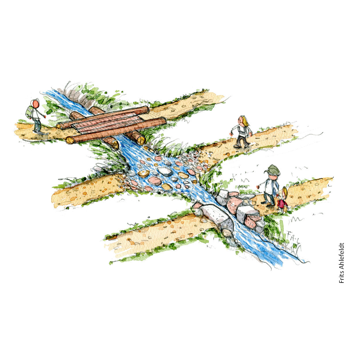 Stream with three different crossings: Drawing by Frits Ahlefeldt. Hiking.org