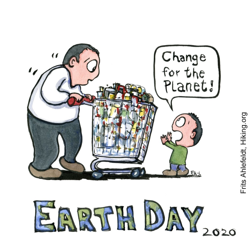 Drawing of a kid stopping a man with a filled shopping trolley, saying "change for the planet". With the text EarthDay under. Illustration by Frits Ahlefeldt