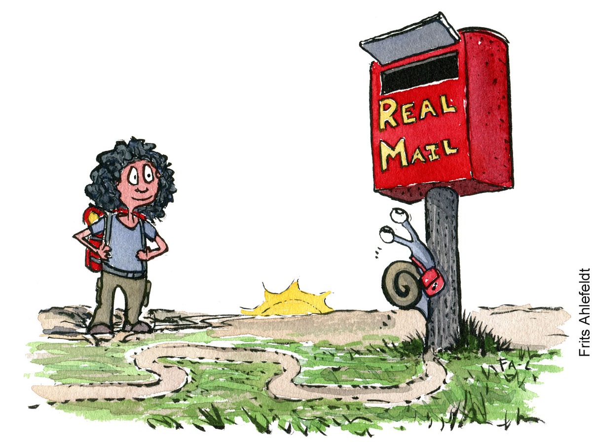 Drawing of a hiker watching a snail mail man approaching. Illustration by Frits Ahlefeldt