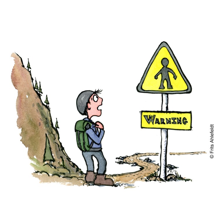 Hiker by a warning sign with a person on it. Hiking illustration by Frits Ahlefeldt